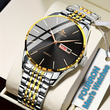 An Ideal Choice For A New FOURRON Brand Men's Luxury Stainless Steel Strap Simple Dial Quartz Watch With Date Calendar, Trendy Fashion Sports Casual Lifestyle Travel Multi-function Watch, Ideal For Friends' Birthdays, Holiday