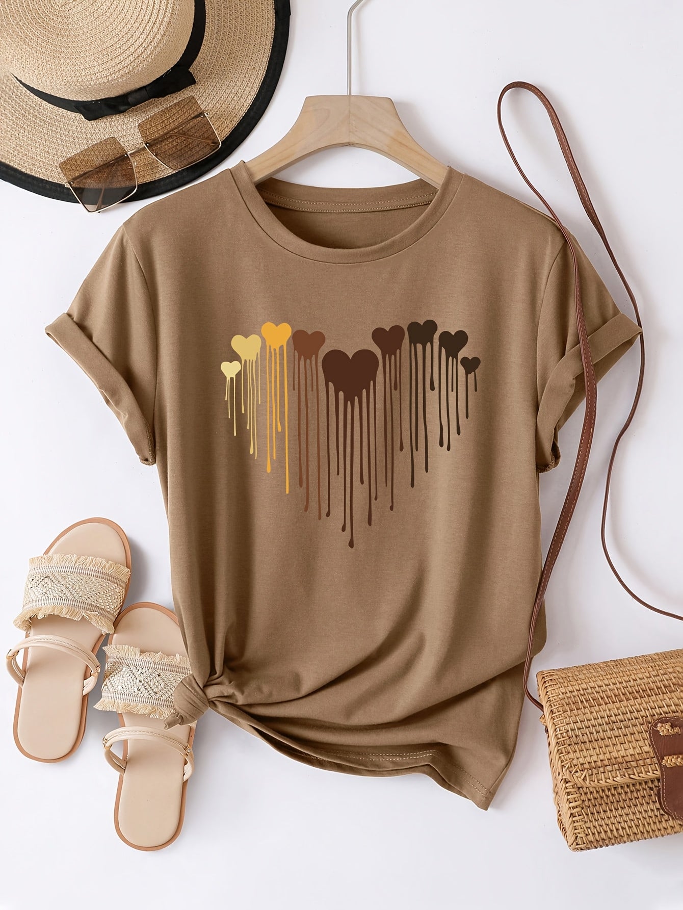 [Glossy Finish] Women's Casual Short Sleeve T-Shirt with Heart Print - Crew Neck, Lightweight Polyester, Brown with Multicolor Hearts Design, Perfect for Spring & Summer