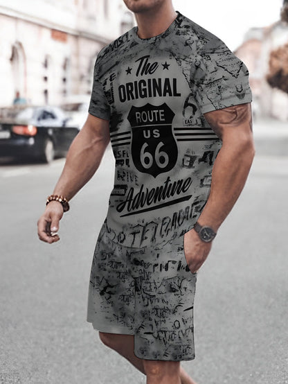 Men's Printed Short Sleeve T-shirt + Shorts Set Casual Sports Suit Breathable Outdoor Leisure Men's T-Shirt Five-Pants Set Summer 3D Printing Set Adult Male