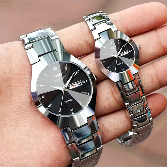 2pcs Couple Watches for Men & Women - Stainless Steel Strap, Rhinestone Accents, Luminous HD Display with Week Calendar, Quartz Movement, Elegant Gift for Valentine's Day, Mother's Day, Father's Day, Special Occasion Watch |
