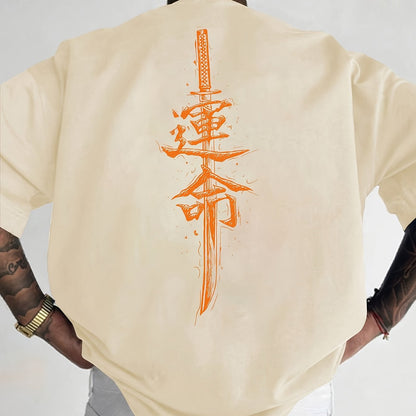 Men'S Japanese Samurai Sword Graphic T-Shirt - Casual Loose Fit Crew Neck, Short Sleeve Tee with Red Stylized Japanese Katanas Design, Breathable Polyester for Spring & Summer Outdoor Wear