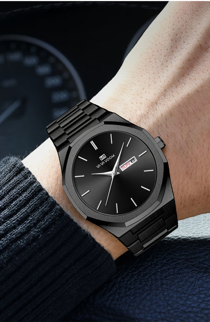1pc Men'S Luxury Business Style Watch - Blue & Golden Stainless Steel, 42mm, Dual Calendar Quartz Movement, VA VOOM Brand, Outdoor Sports & Leisure Gift, Outdoor Sports Watch | Elegant Watch Design | Quartz Watch Movement, Lu