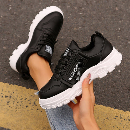 Women'S Breathable Knit Sneakers - Lightweight Thick Sole Casual Walking Shoes in White & Black, Synthetic Cover Upper with Rubber Outsole, Lace-Up Low-Top Design for Indoor/Outdoor, Travel, Beach & Shopping - Cute Gift for M