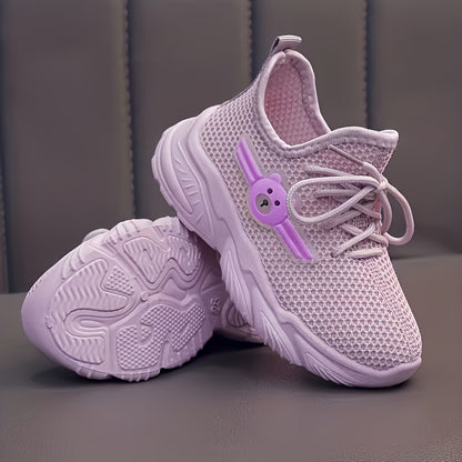 Youngsters' Breathable Lightweight Sneakers - Low-Top Lace-Up & Slip-On Design with Cute Bear Accents, Light Purple & Black Mesh & Fabric Upper, Cushioned PVC Sole for Boys & Girls, Summer Casual Shoes, Youngsters Sneakers, P