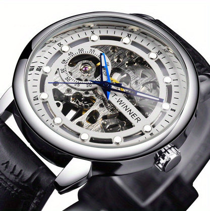 Men'S Luxury Mechanical Skeleton Watch with Golden-Tone Alloy Case & Faux Leather Strap - Mechanical Hand-Wind, World Time, Date Display, Elegant Fashion Accessory for Casual Attire, Mechanical Watch, Sophisticated Design, In