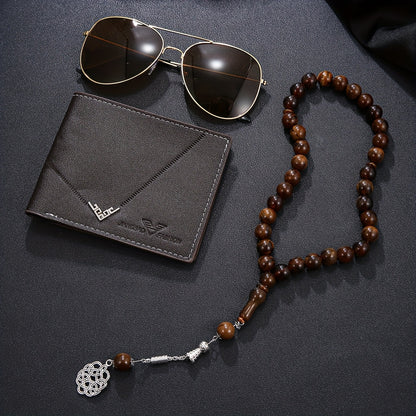 3pcs Men's Business Premium Gift Set: A professional wallet exudes sophistication, agarwood beads enhance workplace wisdom, and high-definition glasses ensure clear vision. The complete set showcases elegance for business gif
