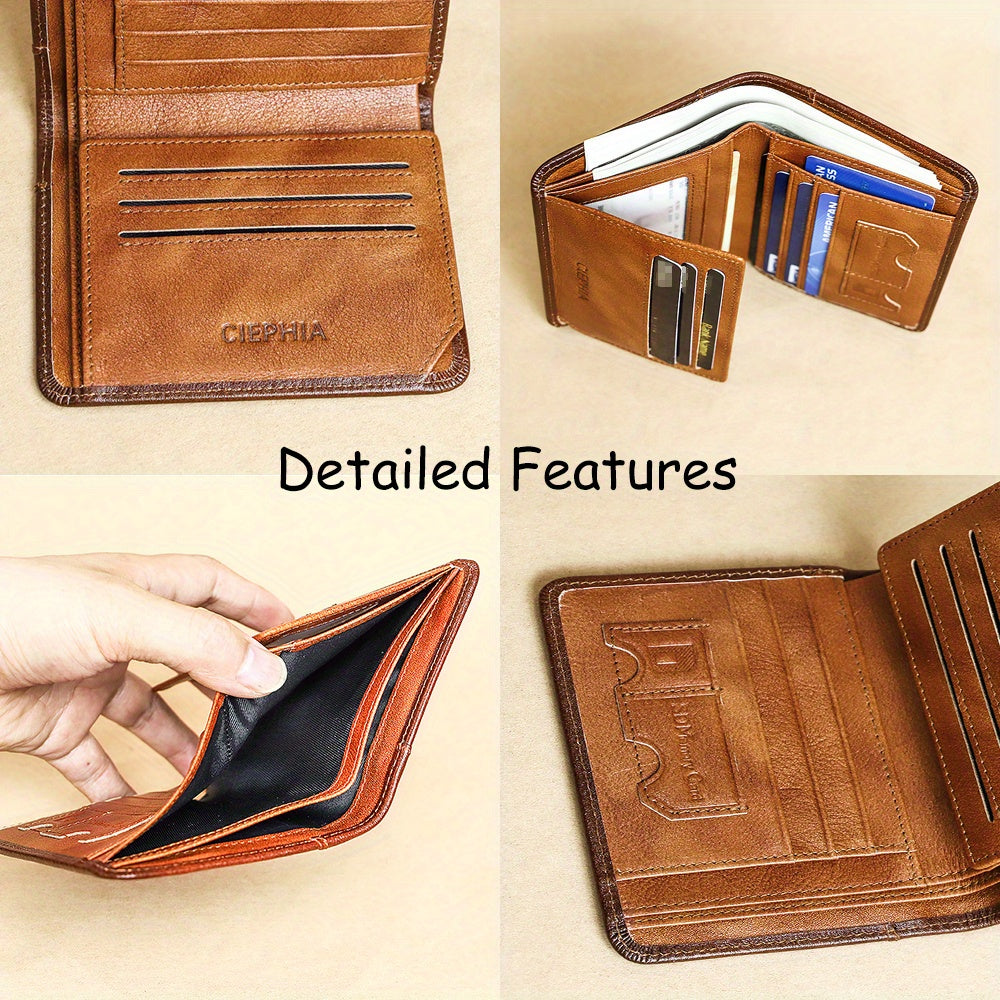 1pc CIEPHIA Vintage Genuine Leather RFID Blocking Wallet for Men - Slim, Multi-Functional ID & Credit Card Holder, Deep Brown with Embossed Logo, Ideal Gift for Valentine's Day