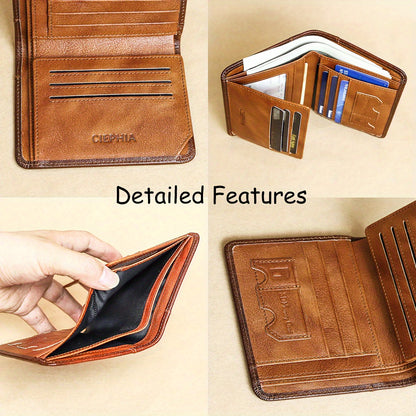 1pc CIEPHIA Vintage Genuine Leather RFID Blocking Wallet for Men - Slim, Multi-Functional ID & Credit Card Holder, Deep Brown with Embossed Logo, Ideal Gift for Valentine's Day
