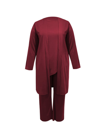 Plus Size - Spring and Autumn Women'S Simple Casual Solid Color Jacket Top Cardigan + Round Neck Sleeveless Vest + Elastic Waist Drape Pocket Straight Pants Three-Piece Set Commuting Suit