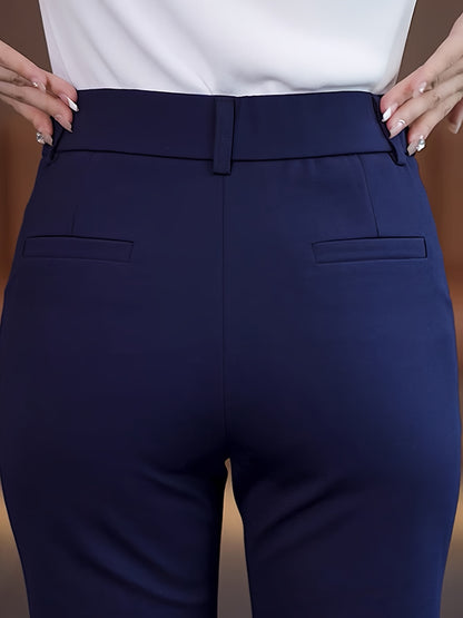Women'S High-Waisted Straight-Leg Trousers, Casual Style, Solid Color, Polyamide 50% Viscose 50% Elastane 8%, Woven Fabric, 300g/m², Button Detail, Suit Pants for Work and Leisure - Black