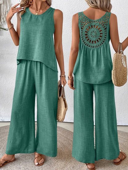 Women'S Summer Backless Cut-Out Panel Tank Top + Wide Leg Pants Set - Casual, Simple, Sleeveless, Polyester, Light Beige, Perfect for Spring/Summer, Casual Attire|Backless Top|Polyester Fabri