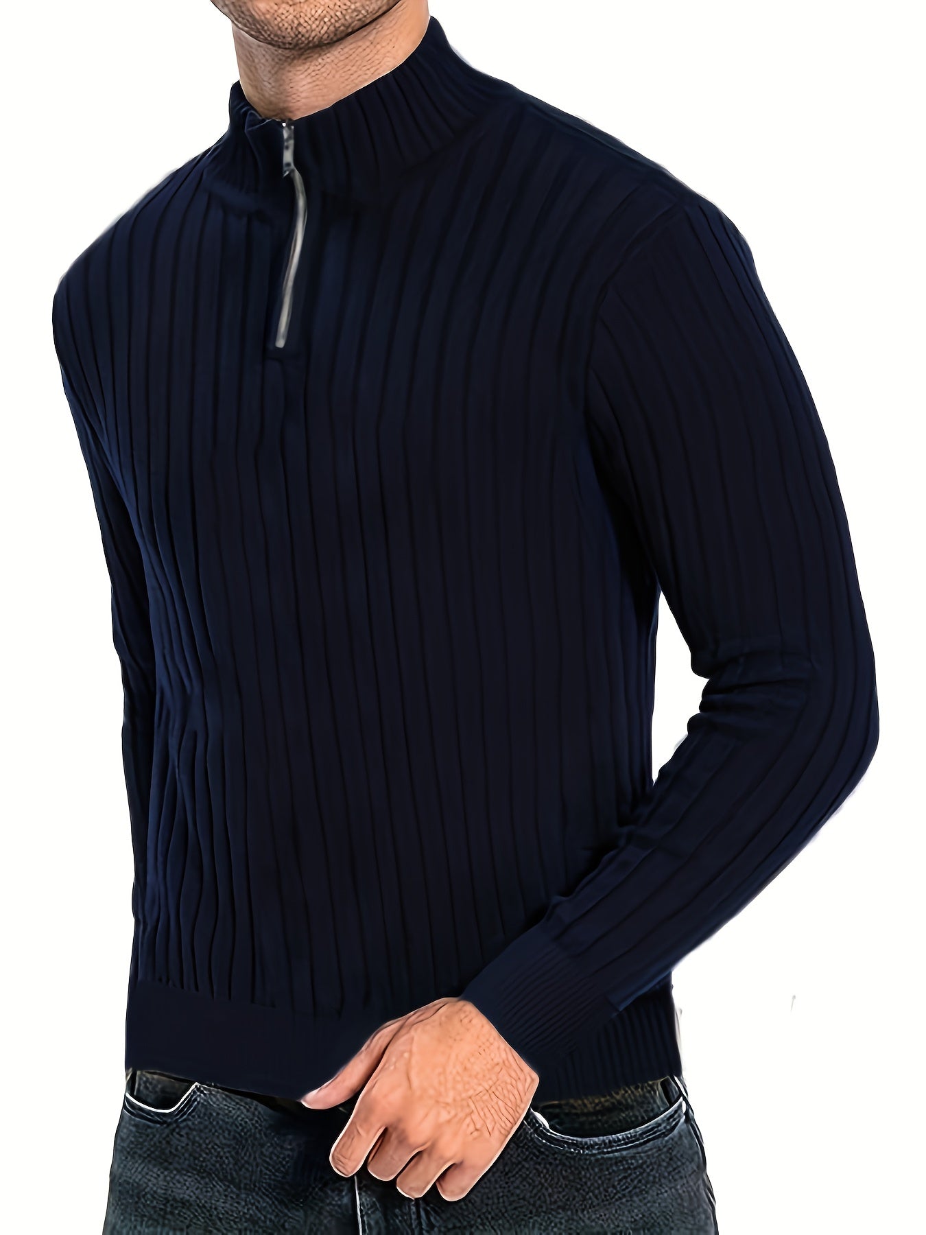 Men'S Casual Polyester Sweater, Solid Color, High Neck Quarter Zip, Long-Sleeved Pullover, Regular Fit, 100% Polyester Knit Fabric, 230g/m² - Fall/Winter Essential