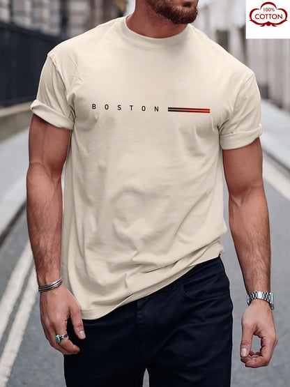 Men's Heavyweight 180gsm Cotton T-Shirt - Dark Gray Crew Neck Tee with Bold "Boston" Print, All-Season Everyday & Formal Shirt for Men - Machine Washable Luxury Casual Top, Versatile Clothing, Modern Design, Premium Fabric, S