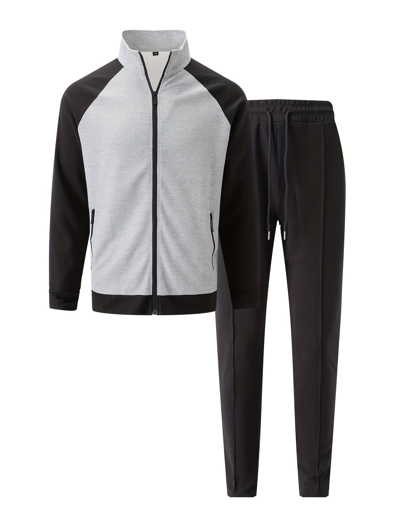 Men's Sporty Color Block Zip-Up Jacket & Joggers Set - Polyester Blend, Perfect for Spring/Fall