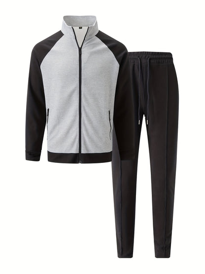 Men's Sporty Color Block Zip-Up Jacket & Joggers Set - Polyester Blend, Perfect for Spring/Fall