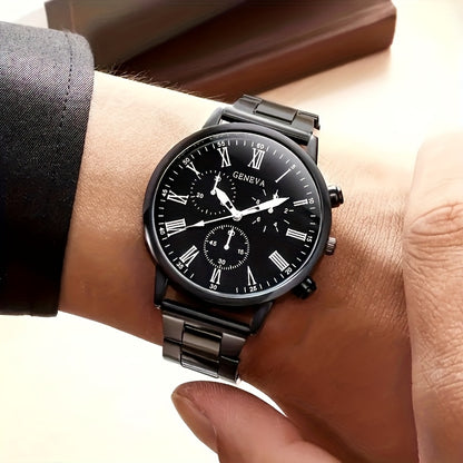 2pcs Elegant Men's Quartz Watch Set, Classic Round Dial Design with Durable Stainless Steel Band, Zinc Alloy Case, Precision Electronic Movement, Casual Fashion Style, Ideal Gift for Father's Day/Valentine's/Ramadan/Birthday/