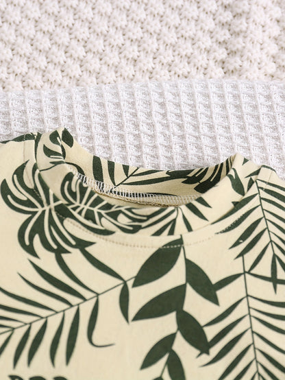 Boys' Tropical Leaf Print Cotton Blend Casual Outfit - Short Sleeve Tee & Drawstring Shorts Set, Machine Washable for Spring/Summer, Perfect for Outdoor