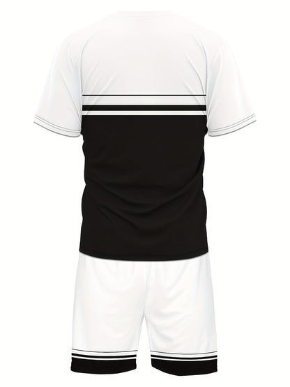 Men'S Casual "Milano Italia" Graphic Tee & Shorts Set - Black & White, Breathable Summer Outfit with Drawstring Waist, Comfortable for Casual Attire, Casual Attire|Italianinspired Design|Stretchy Fabric