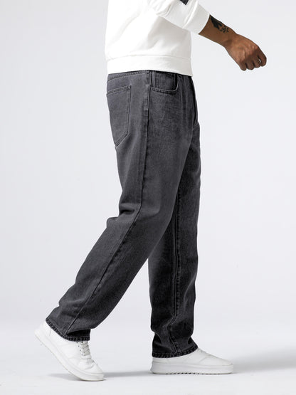 Men'S Loose Fit Straight Leg Jeans, Cotton 85% Polyester 15% Denim, Washed Solid Color Casual Style