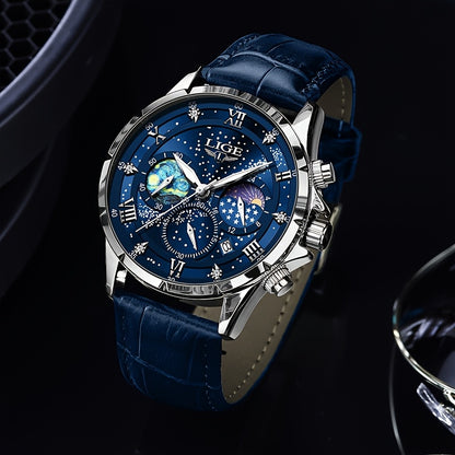 LIGE Luxury Quartz Chronograph Watch with Luminous Hands - Elegant Round Alloy Case, Blue Dial with Roman Numerals, Starry Night Design, Button Battery, Faux Leather Strap, Stylish Accessory|Starry Night Design|Luminous Hands