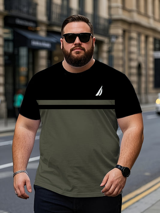 Men's Plus Size Casual 3D Printed Striped T-Shirt - Lightweight Polyester Blend, Breathable Short Sleeve Round Neck Tee for Outdoor Adventures & Casual Attire, Machine Washable, Big & Tall Sizes, Adventure Clothing | Versatil