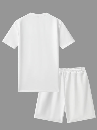 Men's Waffle Round Neck Top with Label, Short Sleeve T-shirt and Drawstring Shorts for Clean and Comfortable Spring/Summer Wear