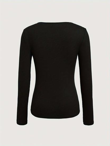 1pc Essence Women'S Elegant Ribbed Long Sleeve T-Shirt, Polyester and Spandex Blend, Hollow-Out Detail, Solid Color, Crew Neck, Regular Length, Knitted Fabric - Autumn/Winter Collection
