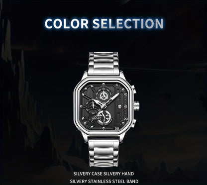 BASID Men's Elegant Square Analog Quartz Watch with Date Display & Stopwatch - Stainless Steel Strap, Black Dial - Casual & Dress Watch for Men, Unique Gift Idea, Versatile Wristwatch, Sleek Watch Design, Polished Finish