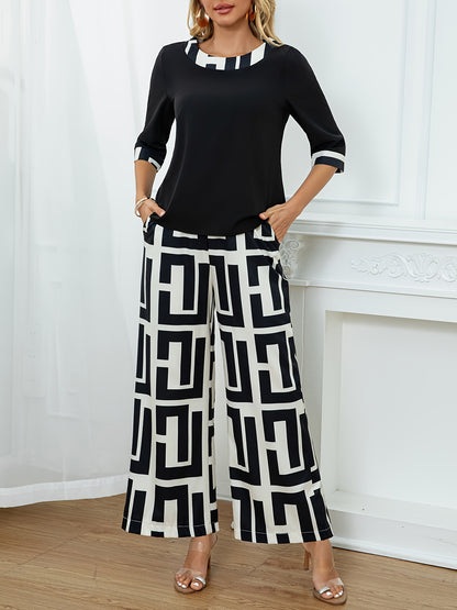 Women's Elegant Spliced Round Neck Top + Geometric Print Wide-Leg Pants Two-Piece Set