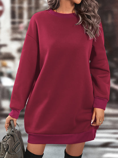 Elegant Women'S Fleece-Lined Sweatshirt Dress - Polyester Knit Fabric, Solid Color, Crew Neck, All-Season Loose Long Sleeve Casual Wear