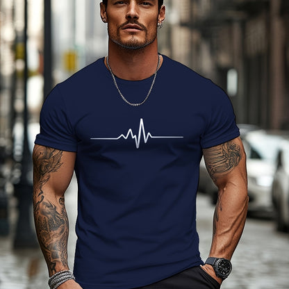 Men'S Brown T-Shirt with ECG Heartbeat Graphic - Casual Streetwear, Short Sleeve, Round Neck, Stretch Fabric, All-Season Comfort, Casual Streetwear Tee | Round Neck Tshirt | Comfortable Fit