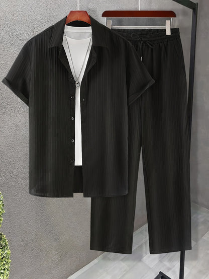 New Men's Short-Sleeved Cardigan Turnover Collar Shirt and Trousers Home Leisure Outerwear Set Men's Fashion Striped Style