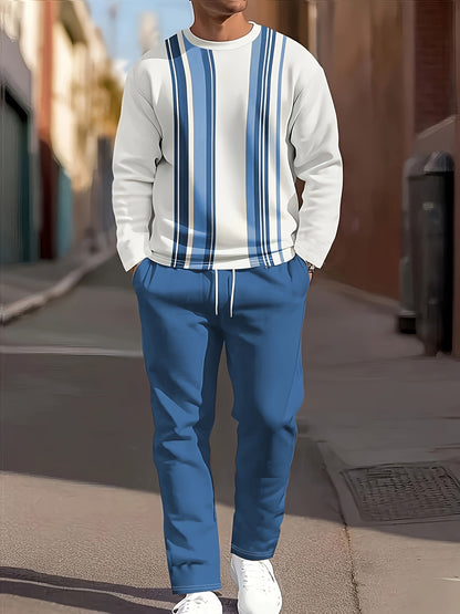 Men's Casual Fashion Round Neck Sweatshirt & Joggers Set - Polyester, Machine Washable, Printed Design for Spring/Fall