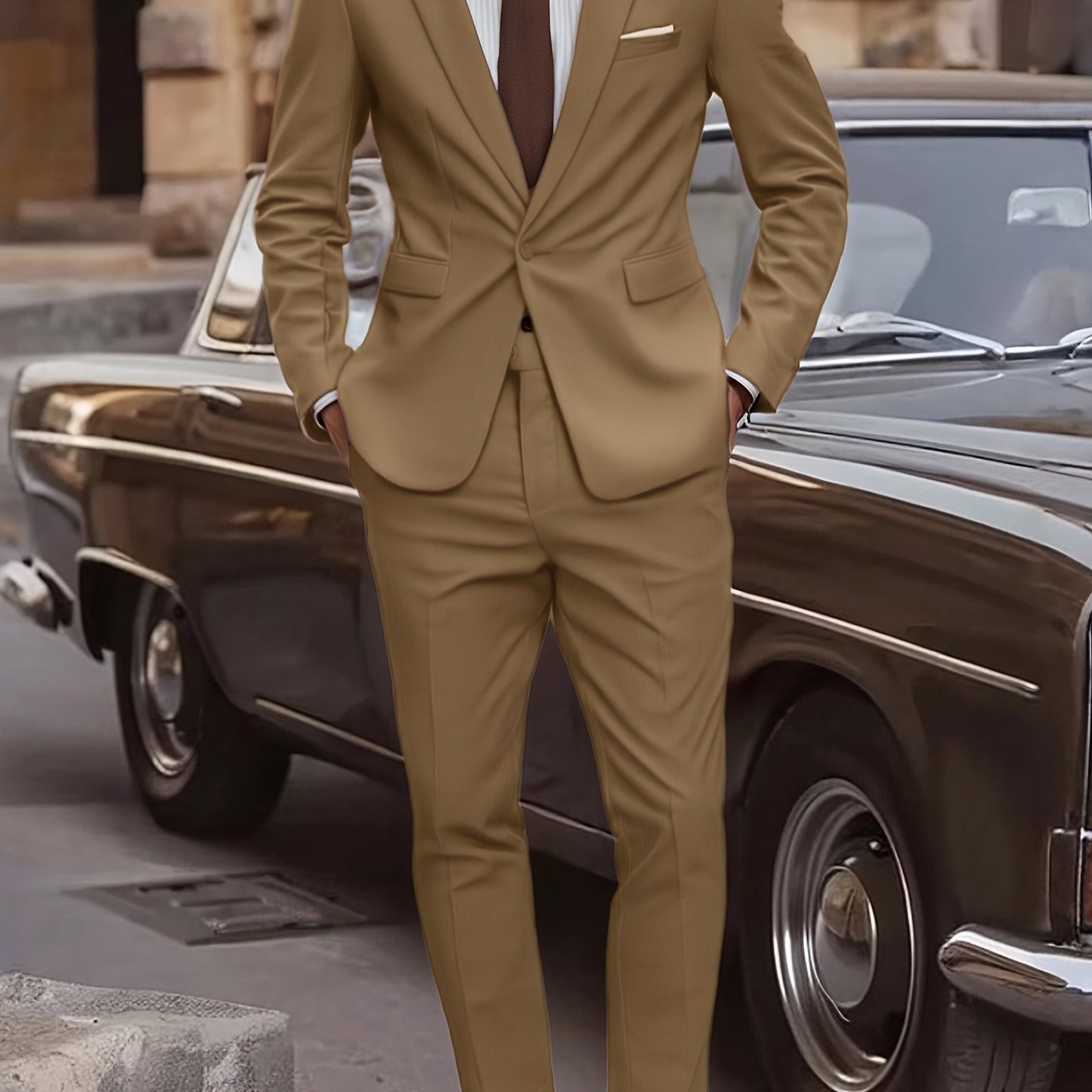 2pcs Men's Elegant Business Casual Suit Set - Includes Classic Lapel Blazer & Dress Pants, Polyester/Rayon Blend, with Pockets - Perfect for Weddings & Formal Occasions