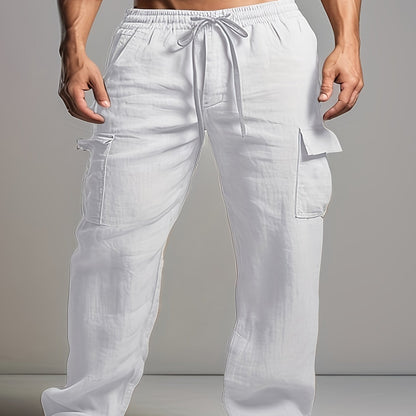Solid Retro Men's Cotton And Linen Drawstring Long Trousers With Multiple Pockets, Outdoor Daily