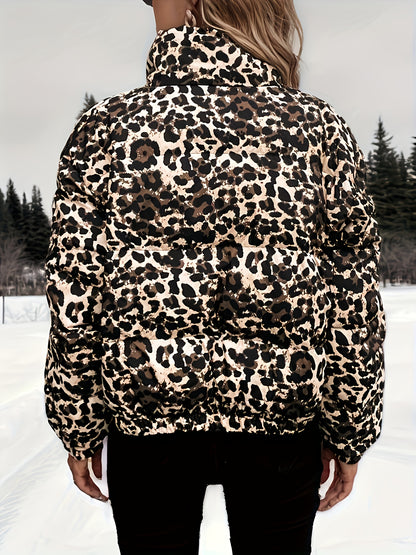 Fashion Leopard Print Short Warm Coat, Women's Stand Collar Windproof Jacket