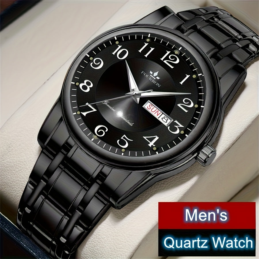 FOURRON Men's Quartz Watch - Trendy and Fashionable Appearance Stainless Steel Band with Luminous & Date Display, Ideal Gift for Birthdays & Holidays, Sunday Calendar Display, Multifunctional Watch, Casual Fashion, Gift for R