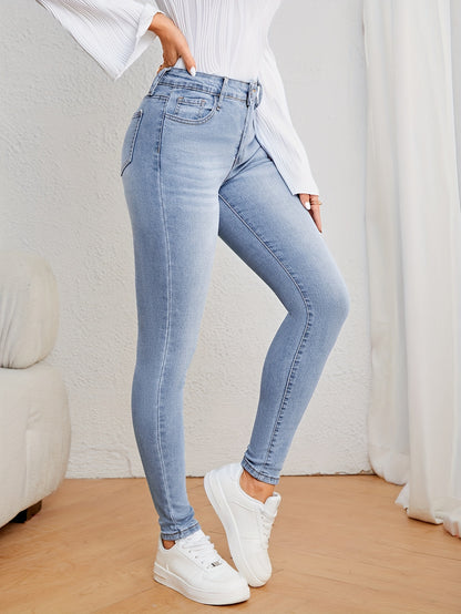 Women's Casual Plain Light Blue Skinny Jeans, Stretchy Denim Pants, Classic Design, High Waist Slim Fit For Everyday Fashion - Perfect For Fall & Winter