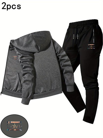 Men'S Trendy Fall/Winter Hooded Jacket Two-Piece Set Calvin Print, Casual Youth Casual Sports Jacket Set
