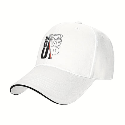 1 Pack Never Give Up Print Baseball Cap - Adjustable Snapback Dad Hat with Breathable Mesh Back, Funky Unisex Trucker Hat for Outdoor Fishing Driving, Black with White & Red Lettering, One Size Fits Most (53.34-63.5 cm)