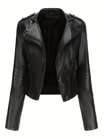 Women'S Casual Faux Leather Jacket, Solid Color, Long Sleeve, Regular Length, Fall/Winter, Zipper Placket, Woven, Non-Stretch Fabric, 100% Polyurethane, Lapel Collar, Dipped Hem Detail