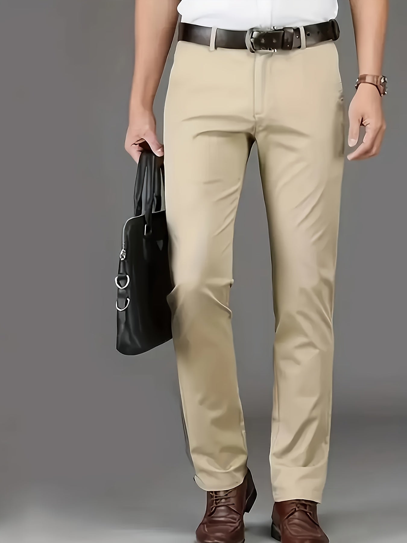 [Durable Build] Men's All-Season Casual Dress Pants - Business Style Stretch Trousers, Comfortable Classic Design, Light Brown Polyester Blend, Machine Washable, Smooth Finish, Regular Fit for Office or Leisure Wear