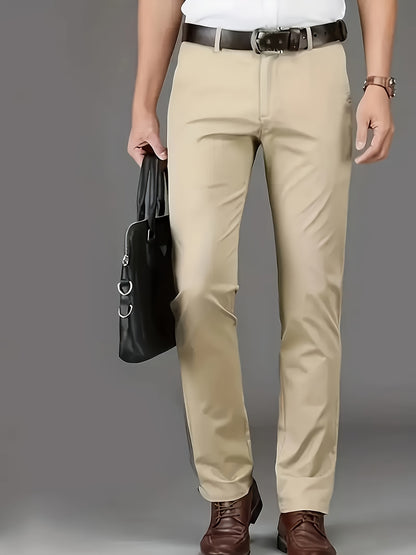 [Durable Build] Men's All-Season Casual Dress Pants - Business Style Stretch Trousers, Comfortable Classic Design, Light Brown Polyester Blend, Machine Washable, Smooth Finish, Regular Fit for Office or Leisure Wear