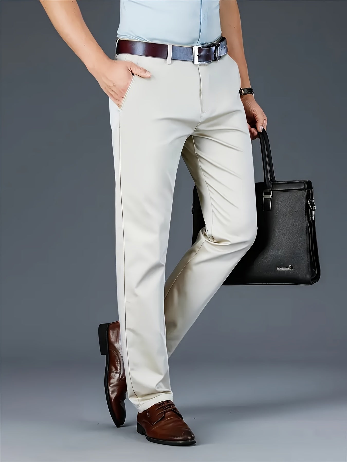 Men's Classic Business Dress Pants, Solid Color Casual Trousers, 100% Polyester, Regular Fit, with Zipper Fly, for Daily Wear and Gifting, All-Season, Allseason Trousers | Notch Lapel Design | Polyester Trousers