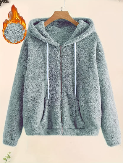 Cozy Fleece-Lined Hooded Jacket for Women - Casual Solid Color with Drawstring, Zip-Up Front, Long Sleeves - Perfect for Fall & Winter