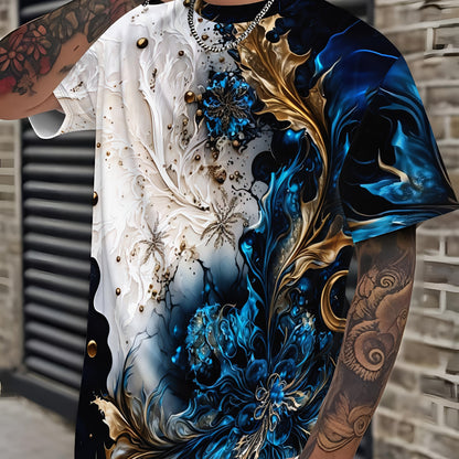 Men's Casual Short Sleeve T-Shirt with Dual-Sided Digital Print - White & Blue/Golden Floral Design, Breathable Round Neck Tee, Machine Washable Regular Fit for Casual Attire, Streetwear Style, Bold Pattern, Lightweight Tee,