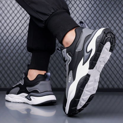 Men's Stylish Color-Block Sneakers - Black & Gray with White Accents, Comfortable All-Day Wear, Durable Rubber Sole, Lace-Up Design, Trendy Low-Top Style for Casual or Athletic Use, Casual Sneakers | Fashion Sneakers | Pu Mat