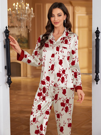 Elegant Satin Pajama Set for Women, Long Sleeve and Pants, Floral Print, Lapel Collar, All Season Basics, 90% Polyester 10% Elastane, Woven Fabric, Comfortable Sleepwear