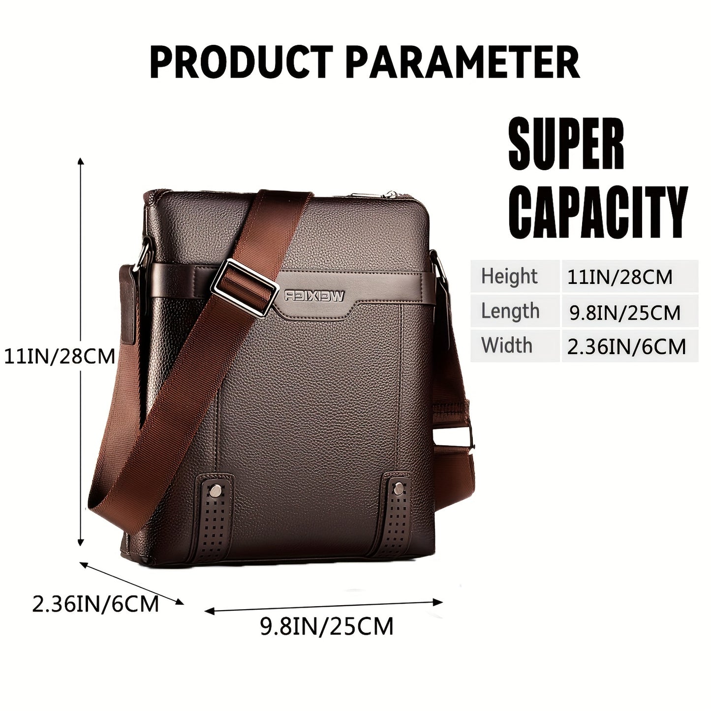 WEIXIER Men's Fashion Crossbody Bag - Adjustable Strap, Faux Leather, Deep Brown | Casual Street Style Shoulder Bag for Outings