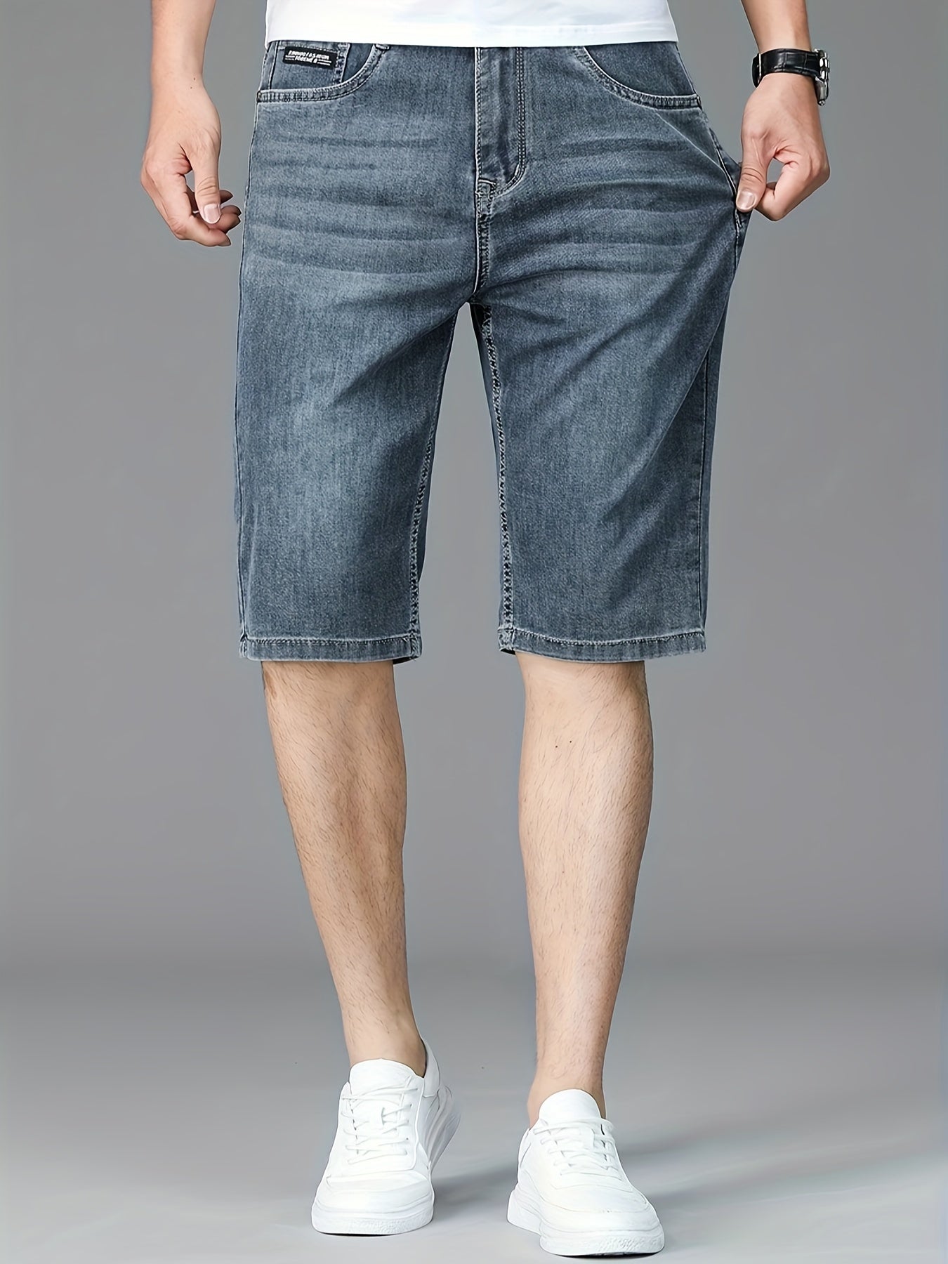 Men's Slim-Fit Denim Shorts - Casual Business Style, Mid-Waist, Stretch Fabric, Knee-Length with Pockets